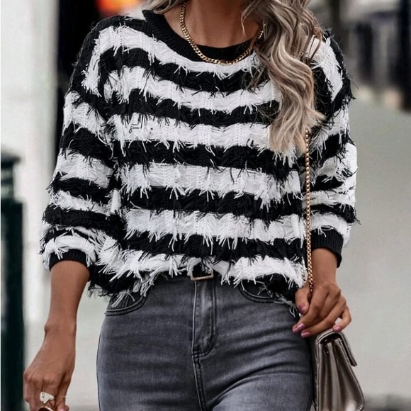 SHEIN Striped Fringe Trim Sweater | Cozy Knit Pullover - Picture 5 of 6